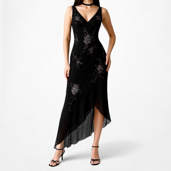 Vintage Black Silk Floral Beaded Embroidered Midi Ruffle Prom Dress Size M - Picture 1 of 7
